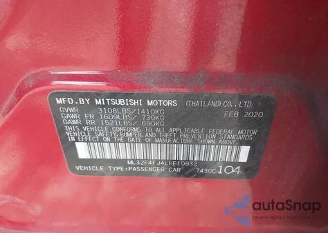 2020 Mitsubishi Mirage G4 Le z USA, uszkodzony, nr VIN ML32F4FJ4LHF10832